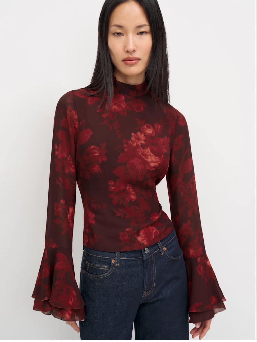 Reformation Floral Mock-Neck Bell-Sleeve Top - Red